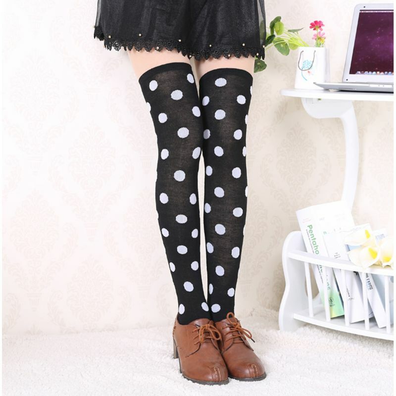 E15E Japanese Preppy Women Girl Over Knee Long Socks Polka Dot Star Print Stret