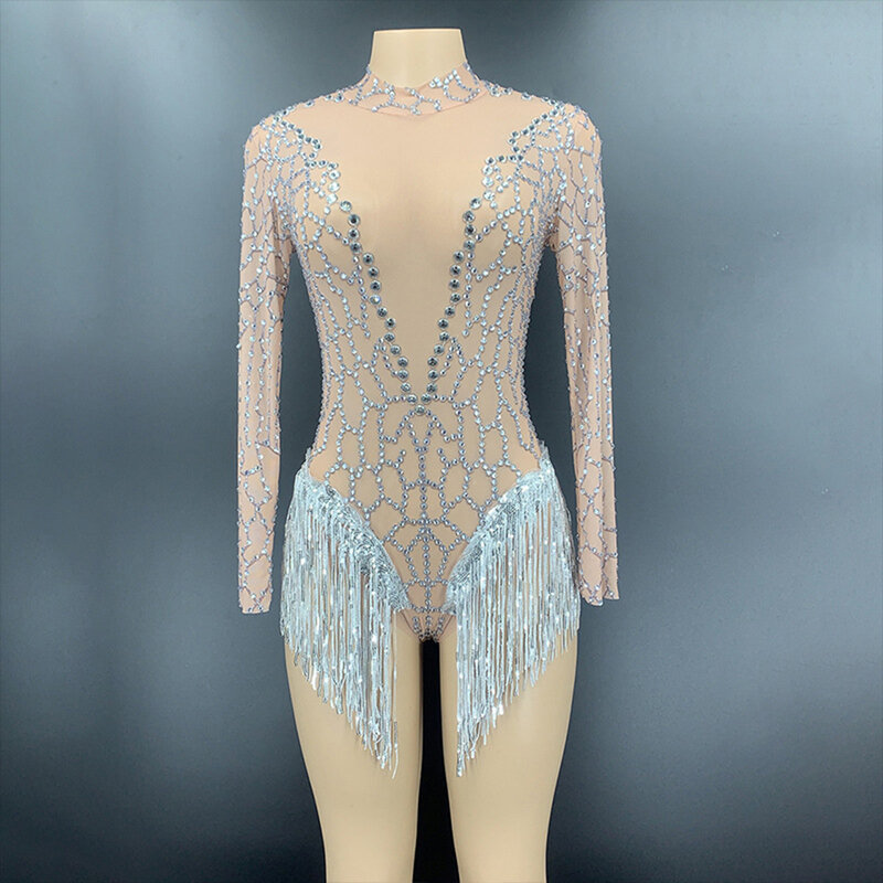 Customized High Shoulder  Mesh lace Transparent High Elastic Sequins Sexy Tight Dress Birthday Party  Dress Performance Dress