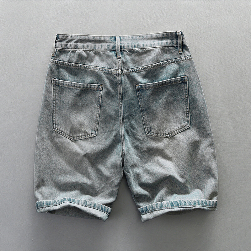 Shorts jeans lavados e rasgados vintage para homens, roupas casuais soltas, calças de algodão macio na altura do joelho, novas, verão, AG7152