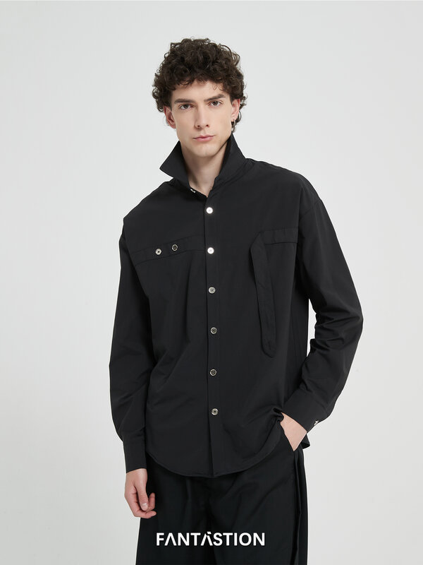 FANTASTION Light luxury original design camicie unisex con striscia legata con fibbia camicia scura allentata per abbigliamento da uomo camicie nere
