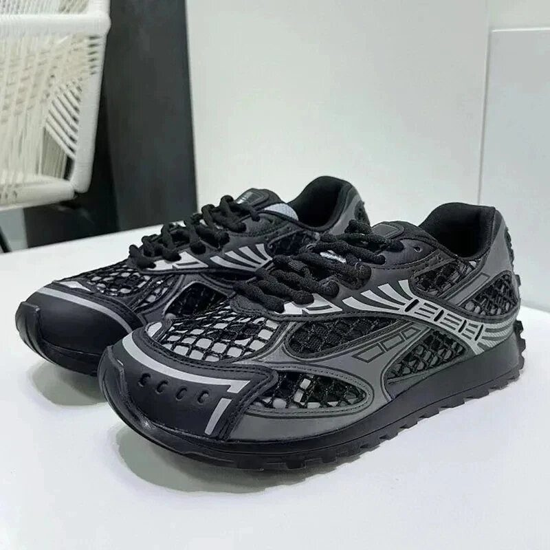 Fashion Sneakers Mesh Lace Up Round Toe Flat Casual Comfort Patchwork Hollow Outs Running Daddy Outdoor Sports Unisex Shoes