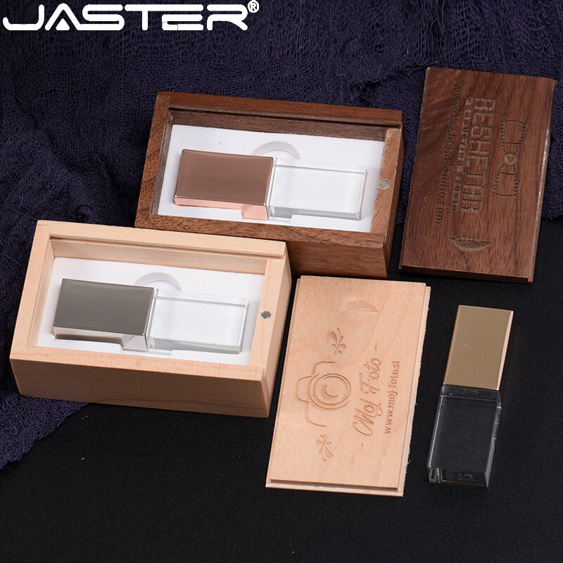 JASTER-Crystal USB Flash Drive com Logotipo Personalizado, Caixa De Madeira, Memory Stick Criativo, Presente De Casamento, Pendrive, 128GB, 16GB, 32GB, 64GB