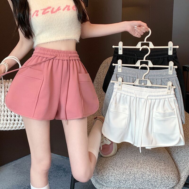 Celana pendek merah muda wanita, pinggang elastis A-line kaki lebar Mode Korea Hot Girls manis Ulzzang nyaman latihan lari musim panas longgar 5XL