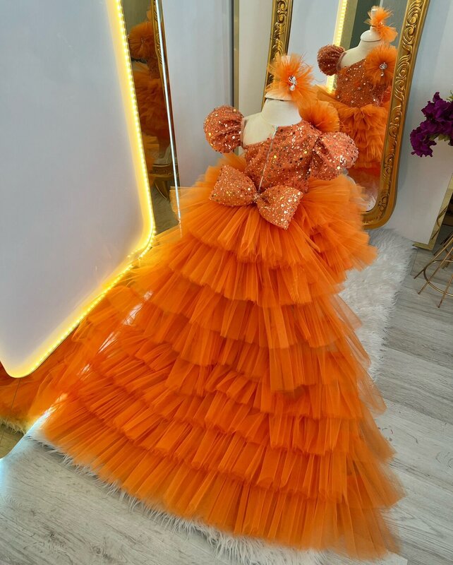 Rosa Blumen mädchen Kleider für Hochzeiten Party Geburtstag Prinzessin Feder Tüll Festzug Kleid formelle Ballkleider mit langen Zug