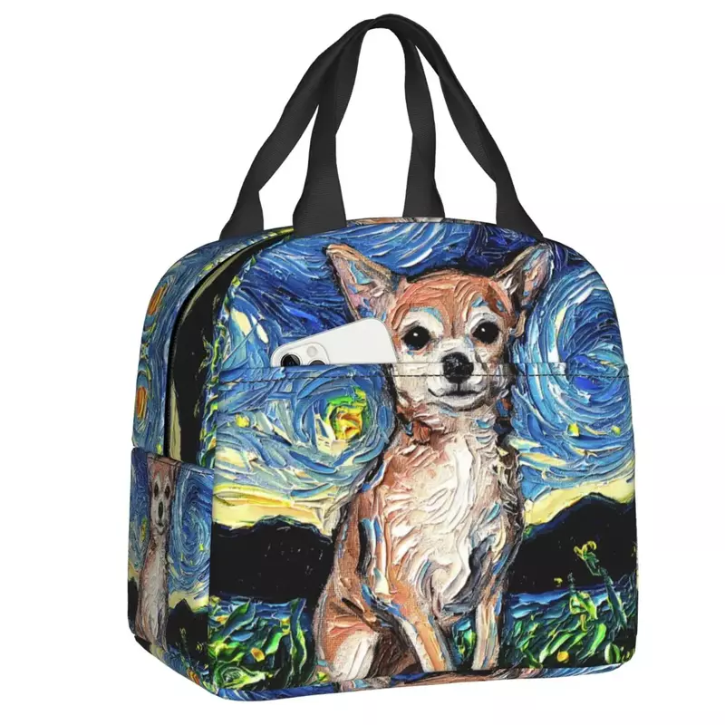 Chihuahua Starry Night Art Thermal Insulated Lunch Bag Women Portable Lunch Tote for Outdoor Picnic Multifunction Food Bento Box