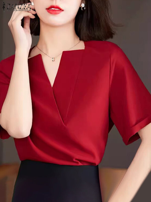 ZANZEA blus kantor wanita, Atasan kemeja lengan pendek kerah V Vintage Korea elegan warna putih untuk perempuan 2024