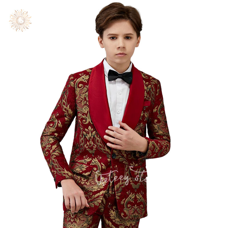 Boy's Formal Suits 2 Pieces Floral Tuxedo Boys Suit Vest Blazer Pants Party Wedding Dinner Dress