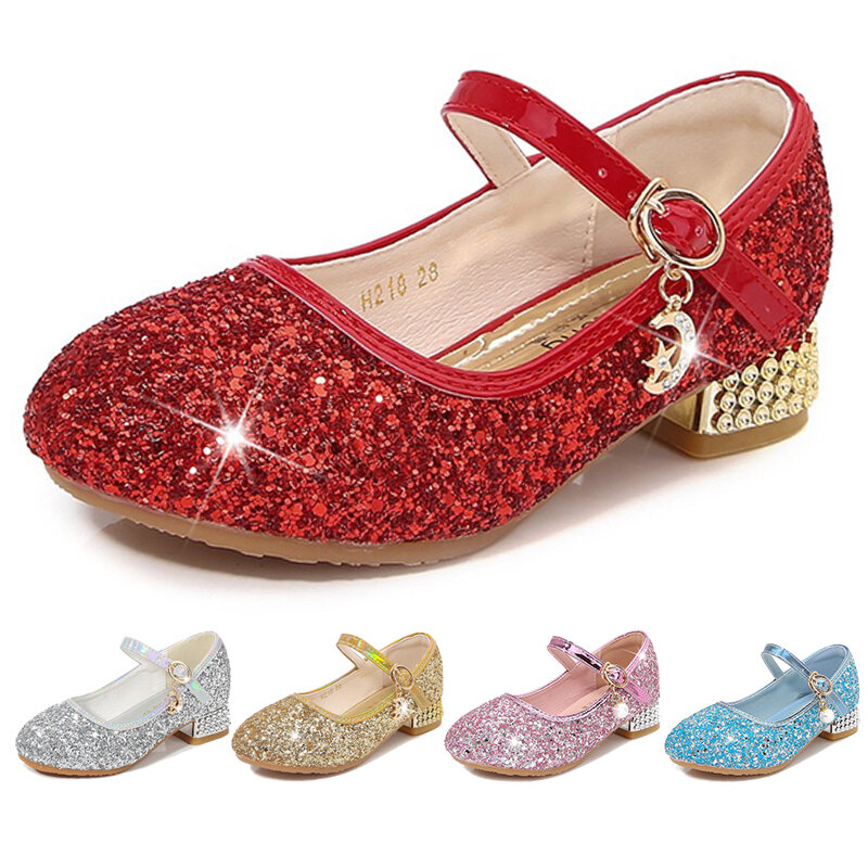 Sepatu anak perempuan, sandal hak tinggi Glitter kristal untuk pesta dansa anak-anak