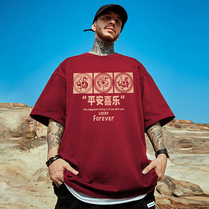Kaus gambar naga keberuntungan Baru kaus Streetwear pria kaus musim panas ukuran besar atasan kaus Hip Hop mode katun Y2K