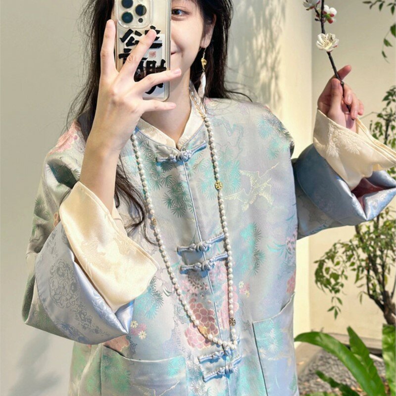 Mantel gaya China Muda, pakaian wanita Overskirt dua potong beludru ungu
