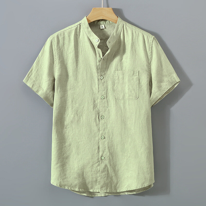 قميص رجالي بأكمام قصيرة أحادي اللون ، ملابس رقيقة جيدة التهوية ، توب فضفاض من الكتان الخالص ، كاجوال ، صيفي ، LH048