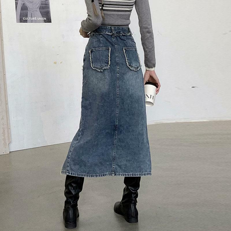 Moda wysokiej talii nieregularne rozcięcie spódnica dżinsowa dla kobiet lato seksowna średniej długości spódnica jeansowa w kształcie litery A Streetwear kobieta