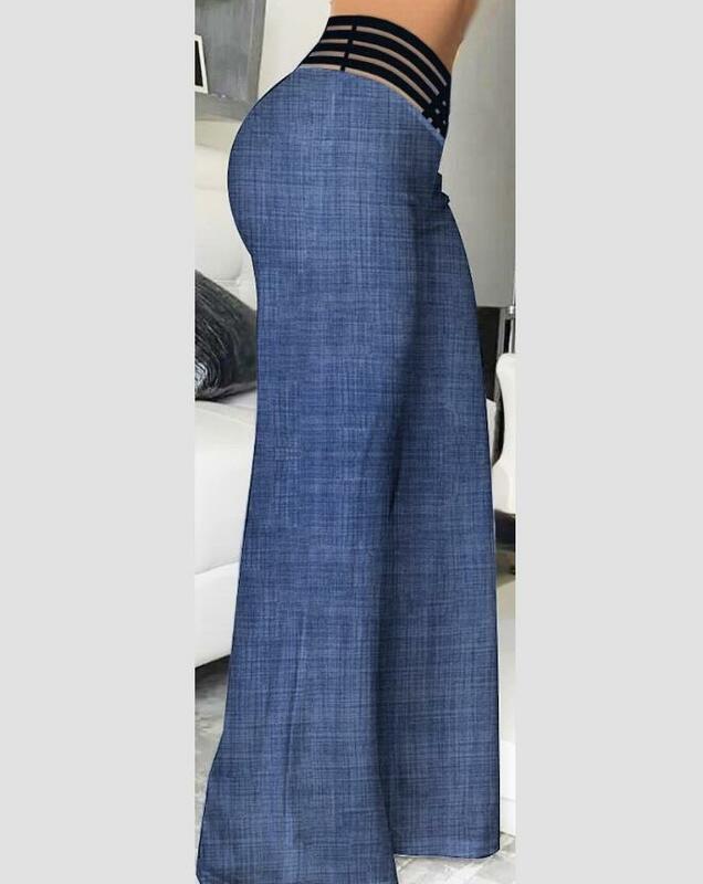 FJ2024-Pantalon évasé en maille transparente pour femme, taille haute, jambes larges, chic, dernière mode, printemps et été