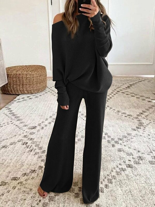 Spring Summer 2-piece Sets Womens Outifits Solid O-neck Long Sleeve Top and Wide Leg Pants Set Casual Outfit Women Top Trousers