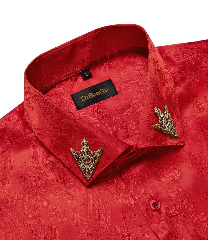 Red Party Shirts For Man Fashion Silk Long Sleeve Blouse Summer Spring Solid Paisley Button-down Collar Shirt Male Designer Tops