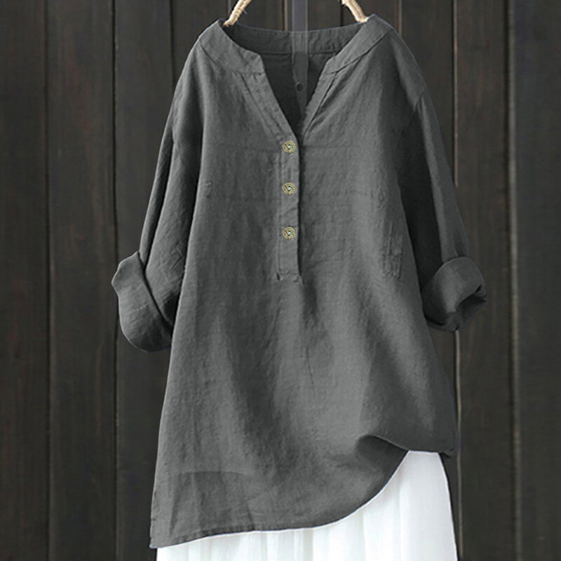 Summer Long Sleeved Baggy Tunic Shirt Vintage Button Loose Long Sleeved Blouses Solid Color V Neck Casual Fashion Linen Shirt