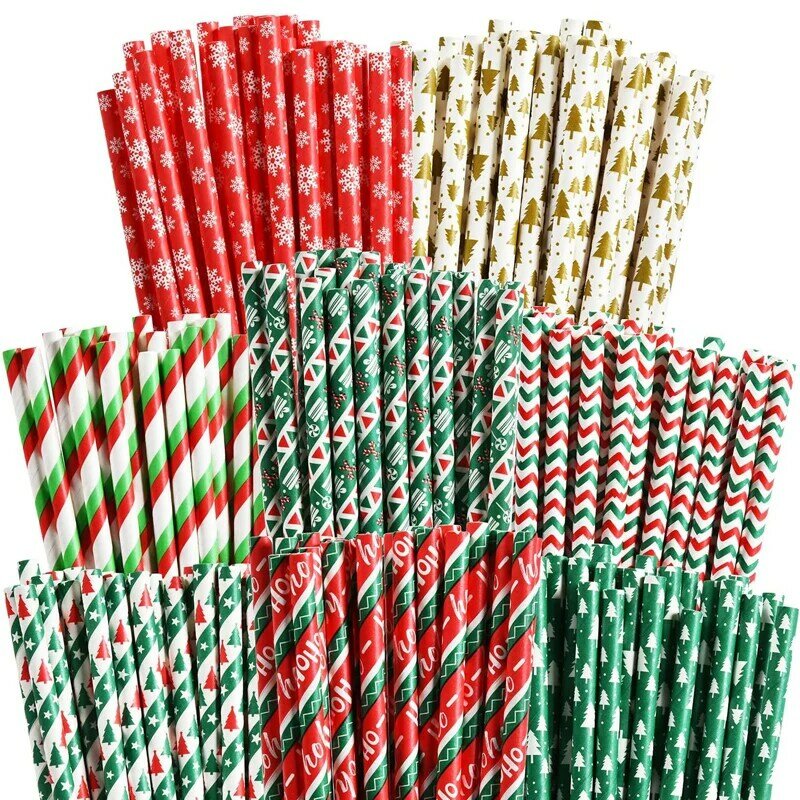 25pcs Christmas Disposable Straws Halloween Kraft Paper Colorful Print Straws New Year Party Festival Table Decoration Supplies