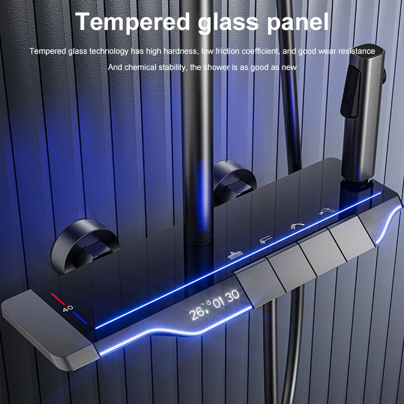System prysznicowy zestaw klawisz fortepianu oświetlenie otoczenia pełna miedź termostat cyfrowy wyświetlacz Gunmetal szary kran nowoczesny s