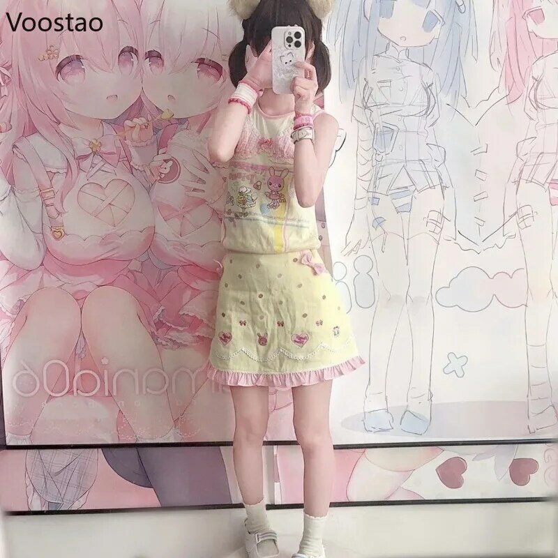 Falda japonesa Kawaii Lolita para mujer, Mini falda con volantes estéticos, Bordado de conejo de dibujos animados, lazo lindo, Y2k
