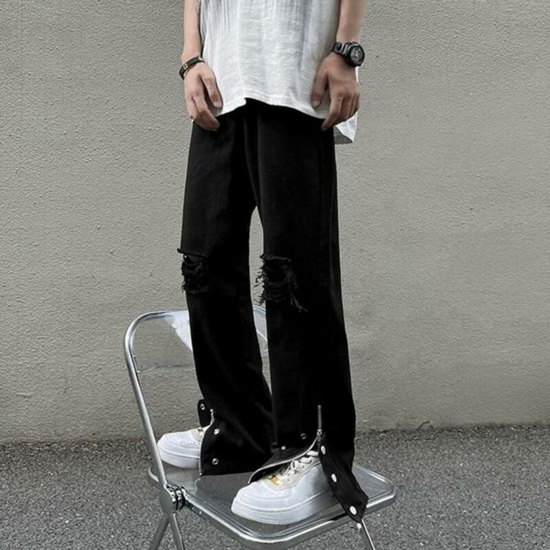 Men Summer Jeans High Street Style Men's Summer Jeans with Ripped Holes Wide Leg Design Solid Color Denim Pants for A Trendy