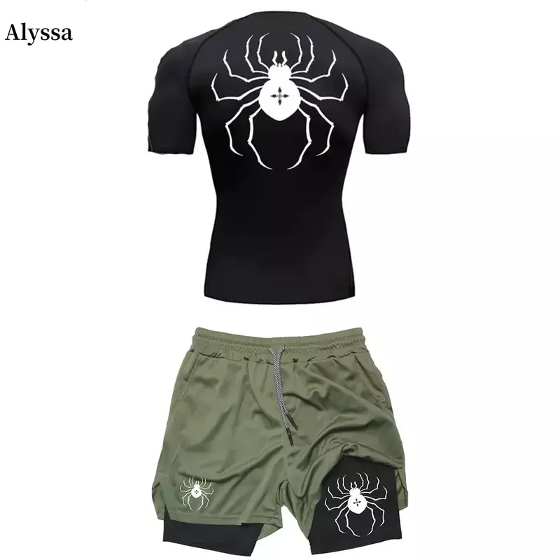 Компрессионный комплект Аниме Hunter x Hunter, мужская спортивная одежда с принтом, быстросохнущие спортивные шорты + рубашка, 2 шт., для бега и тренировок