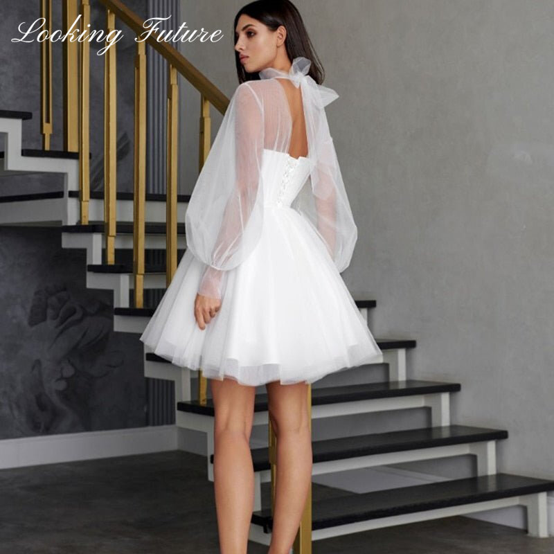 Gaun pernikahan pendek putih untuk wanita, gaun pengantin Sweetie kerah tinggi ilusi lengan Puff panjang 2024