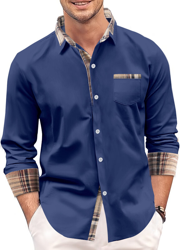 Chemise à carreaux à manches longues pour hommes, chemise décontractée, bouton de revers, poche UR, patchwork, mode, printemps, automne, nouveau