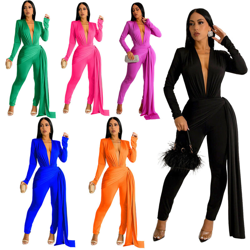Women's V Neck Long Sleeve Jumpsuit, Bodycon Playsuits, Sexy Rompers, Female Outfit, Club Party, Pencil Pants, Christmas, 1 Pc