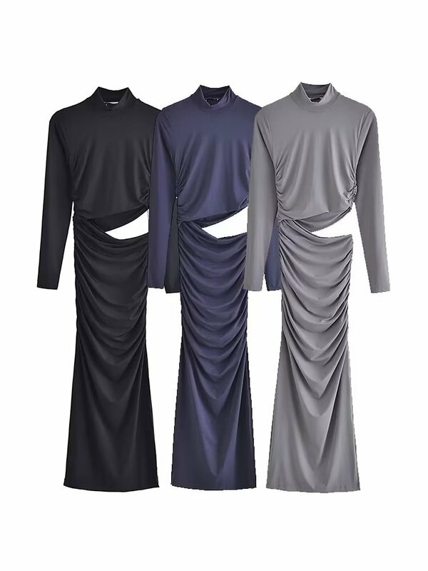 Women New Fashion Waist opening design Pleated Slim Midi Dress Vintage stand collar Long Sleeve Female Dresses Vestidos Mujer