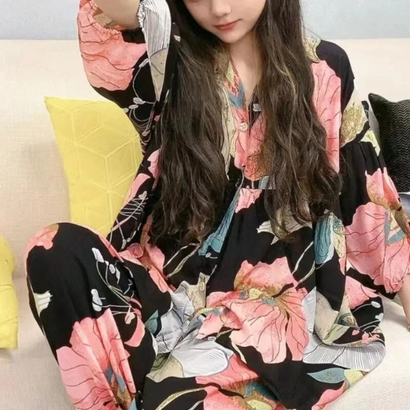 Pijama versão coreana feminina, cardigã de manga folhada, flor preta, manga comprida, conjunto de casa fino, pode ser vestido do lado de fora
