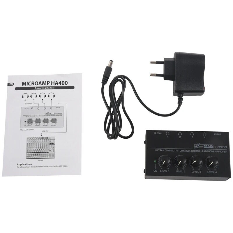 Eu Plug,Ha400 Ultra-Compact 4 Channels Mini o Stereo Headphone Amplifier With Power Adapter Black