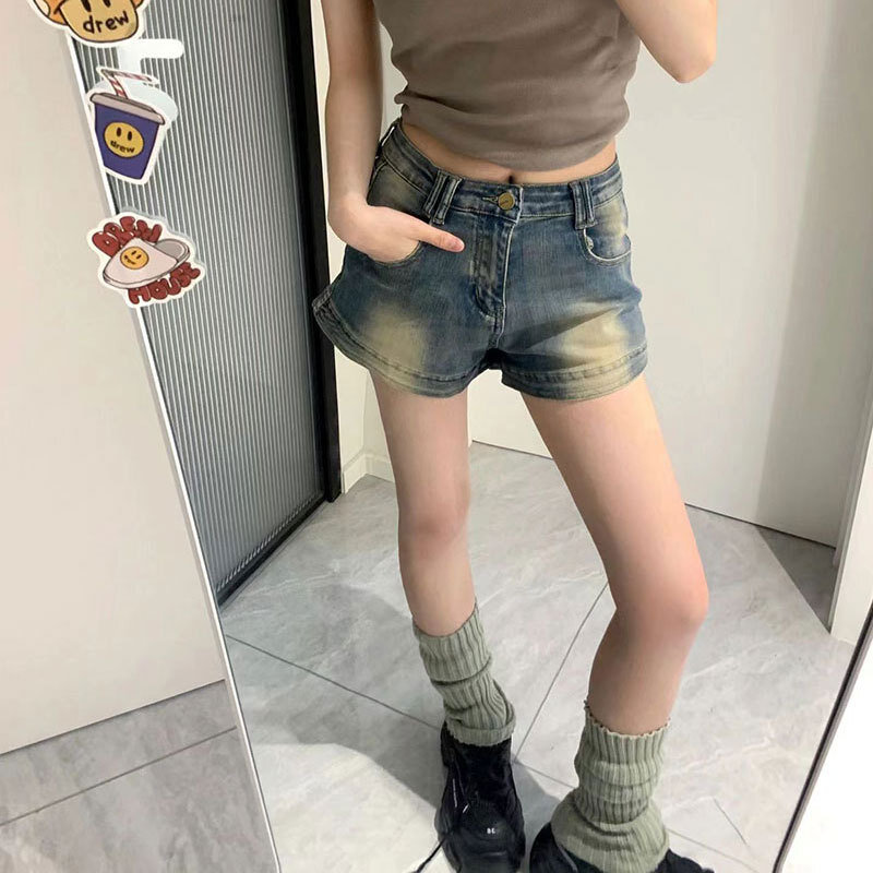 Planet Summer New Style Spicy Girl Shorts Women's A-line High Waisted Elastic Vintage Versatile Straight Leg Hot Pants