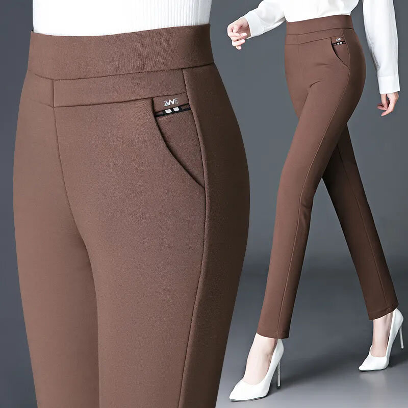 Pantalones elegantes de cintura alta para mujer de mediana edad, Pantalón ajustado elástico informal, a la moda, combina con todo, color negro y gris, primavera y otoño