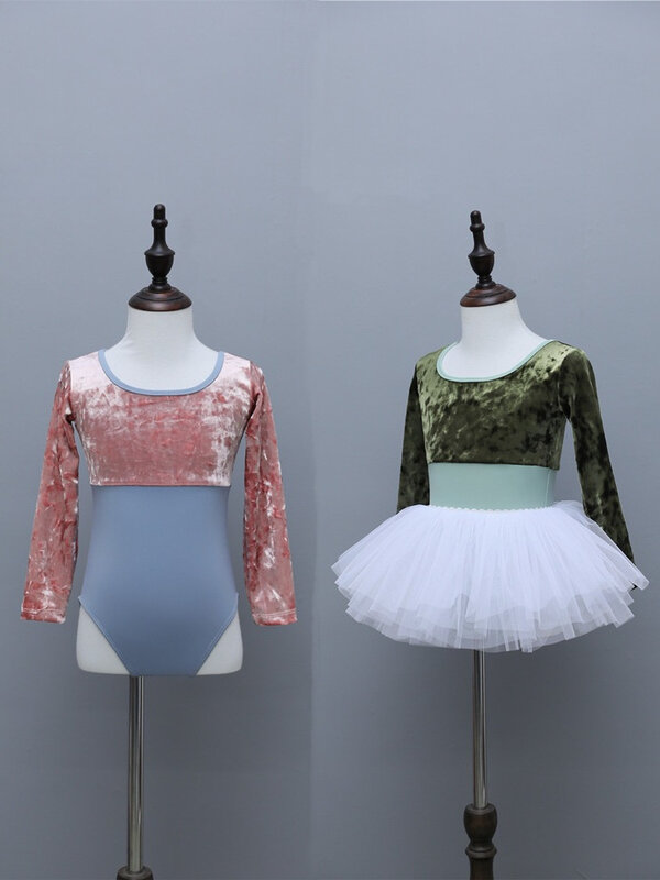 Pakaian balet untuk anak perempuan, pakaian lengan panjang Multi Warna Leotard + rok Tutu Tulle, pakaian penampilan olahraga senam anak-anak