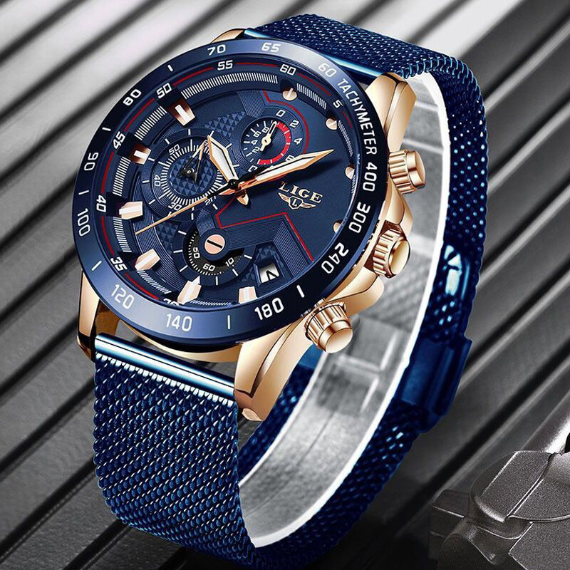 LIGE-최고 브랜드 럭셔리 오리지널 스포츠 손목 시계, 남성용 쿼츠 스틸 방수 패션 시계