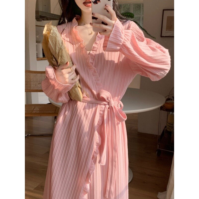 Long bathrobe Spring and Autumn Can be worn outside loungewear Solid color lacing comfortable sexy sleepwear