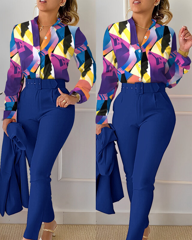 Conjunto de camisa y pantalones con estampado elegante para mujer, camisa de manga larga y pantalón de cintura alta, moda informal, primavera y otoño, 2023