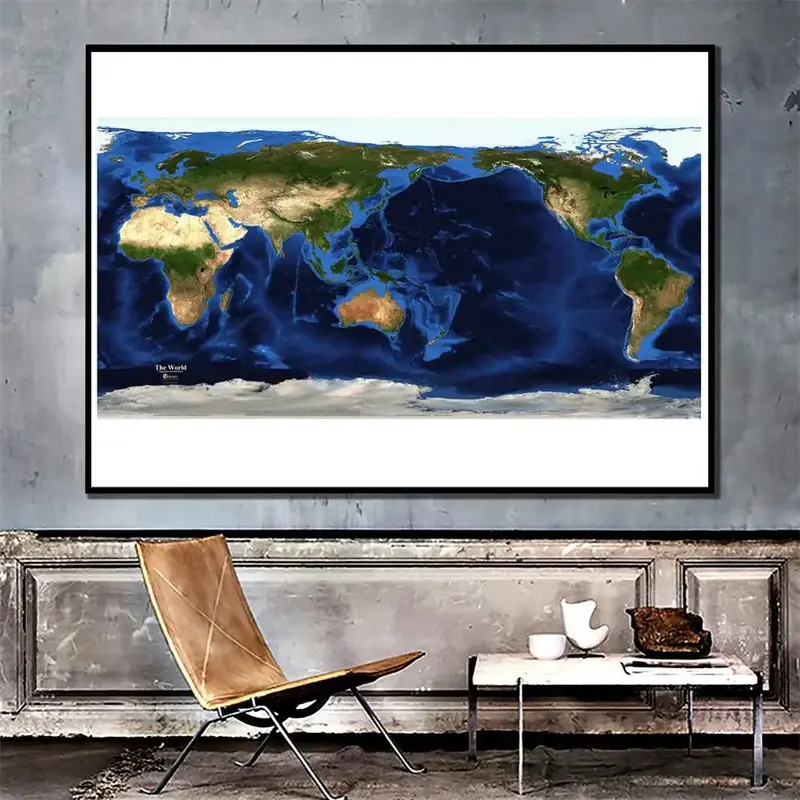 Peta Satelit 150X100Cm Topografi Dunia dan Peta Lukisan Semprot Non-woven