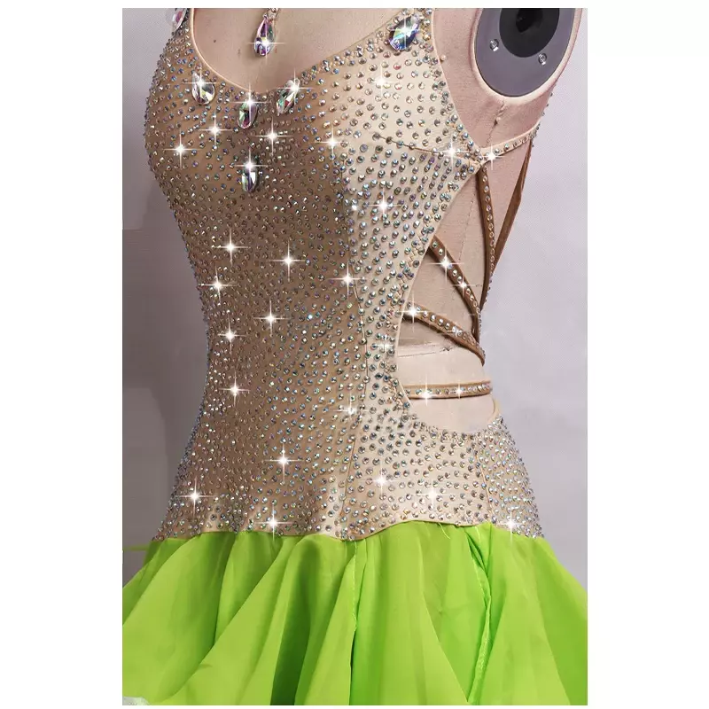 Vestido de baile latino con diamantes de imitación para mujer, vestidos de competición de baile latino, falda de borla de Salsa, vestido de Samba, envío gratis