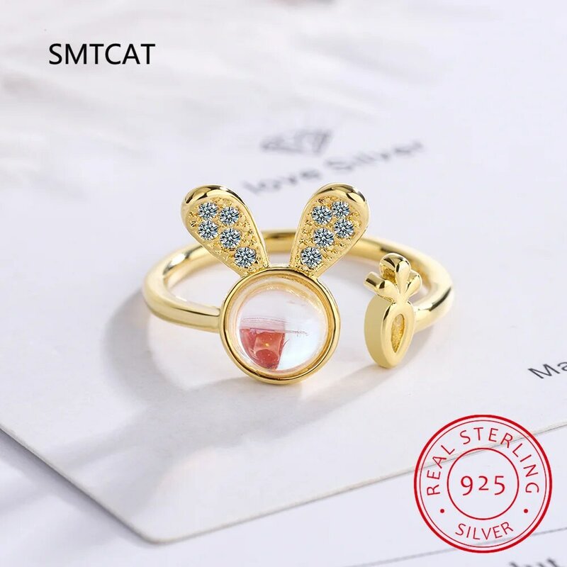 925 Sterling Silver Fashion Cute Rabbit Carrot Dazzling CZ Moonstone Opening Ring For Women Birthday Gift Statement Jewelry