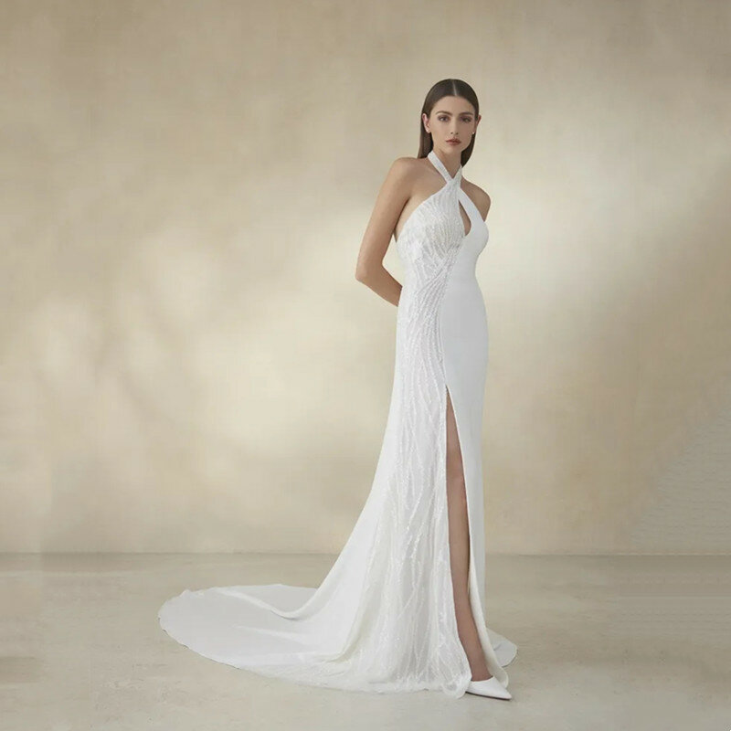 Элегантное Белое Атласное свадебное платье с юбкой-годе, вырезами и лямкой на шее, простое плиссированное платье с высоким разрезом сбоку, блестящее Бисероплетение со шлейфом, соблазнительное платье с открытой спиной 2024
