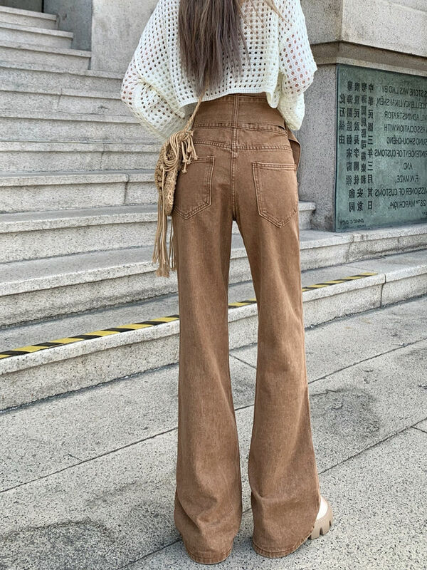 Jeans americani retrò Micro-lanciati da donna a vita alta autunno inverno Design senso nicchia marrone dritto High Street pantaloni marea