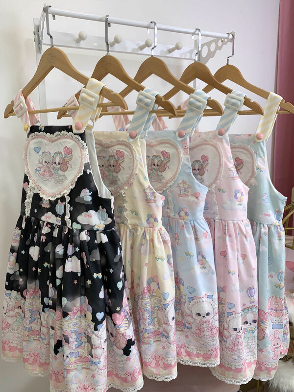 Kawaii Sweet Lolita Jsk Princess Dress Women Cute Cartoon Dog Print Bow Strap Dress Lovely Girl Fashion Tea Party Mini Dress