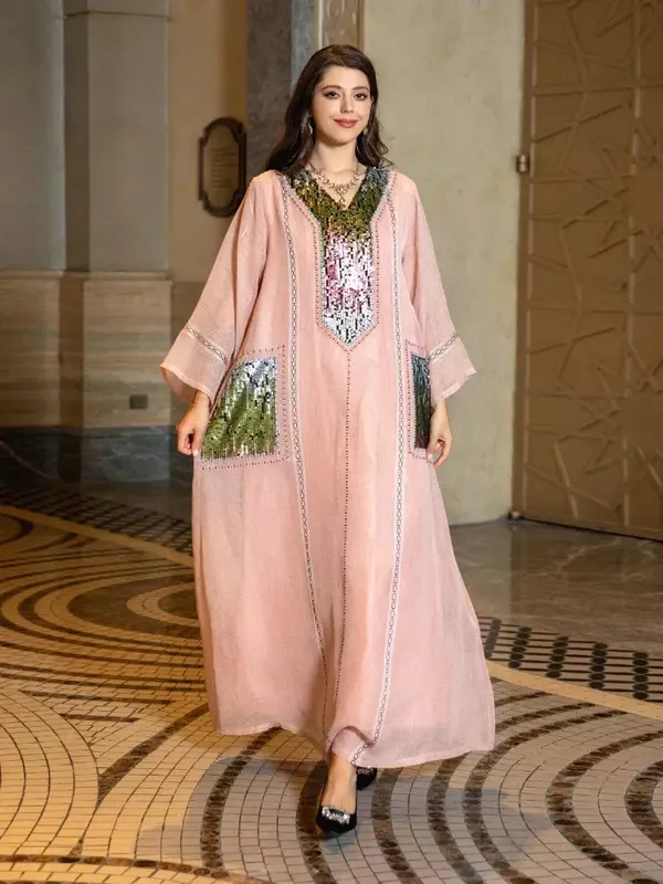 Eid vestido de fiesta musulmán para mujer, con lentejuelas Abaya, Maxi Vestidos largos de noche, Jalabiya, Marruecos, Dubai, Abayas, caftán, bata larga