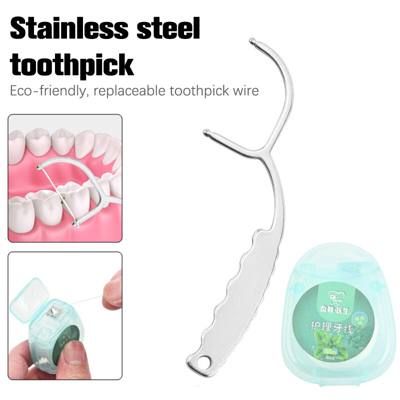 Juego de palillos de dientes de acero inoxidable, hilo dental reutilizable, limpiador de dientes portátil, herramientas de limpieza bucal