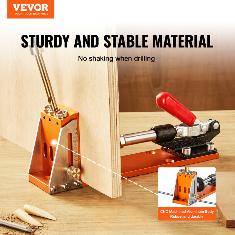 VEVOR 30 Pcs Pocket Hole Jig Kit Adjustable & Easy to Use Pocket Hole Jig System with Step Drills Wrenches Drill Stop Rings