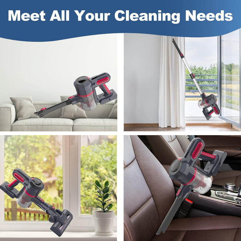 Cordless 25Kpa Powerful Suction Vacuum, 4 in 1 Lightweight Stick Handheld Vacuum Cleaner with Runtime Detachable Battery