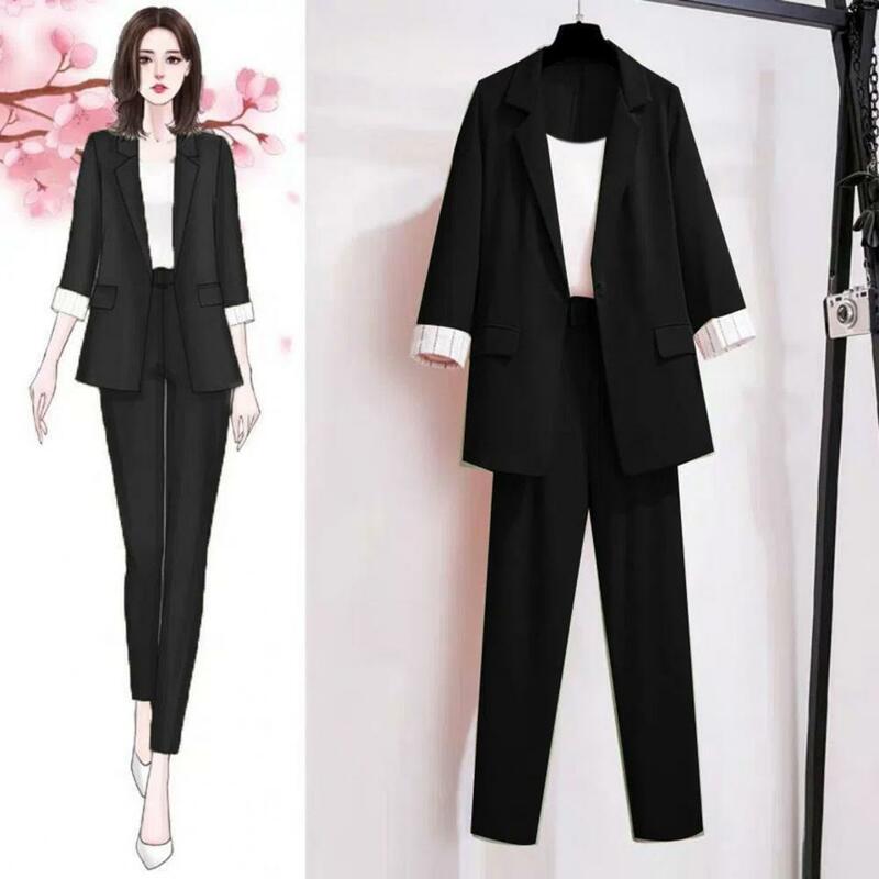 3 Pcs/Set Lady Business Outfit  Pockets   Women Business Outfit High Waist Blazer Vest Trousers Set