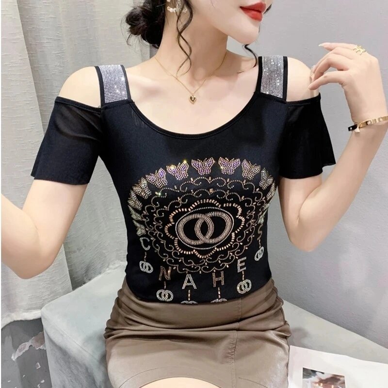 Summer European Clothes T-Shirt Women's High Quality Sexy Off Shoulder Shiny Diamonds Mesh Tees Elegant Casual Tops Blouse