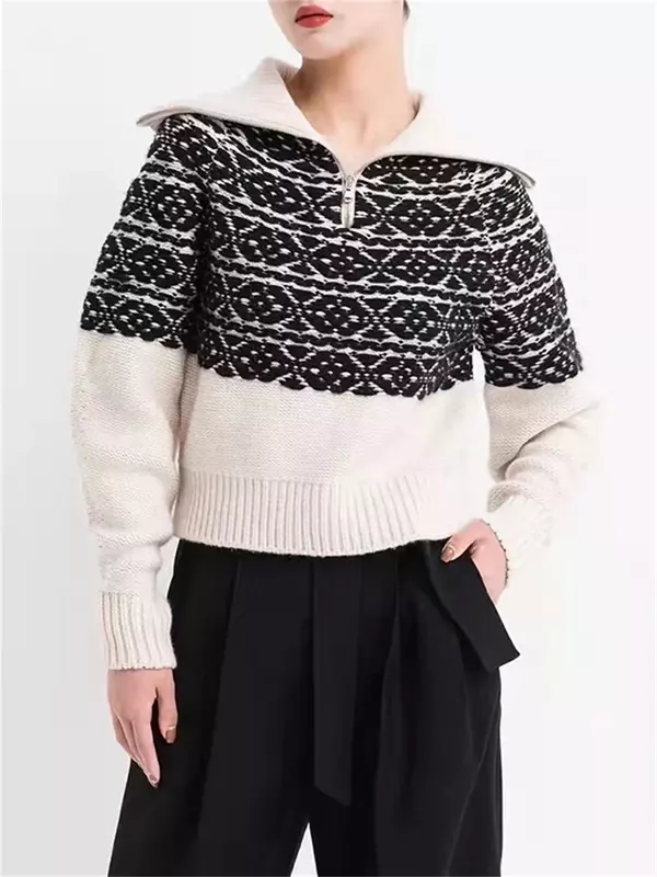Fall Winter Women's Sweaters Half Zipper Turn-Down Collar Vintage Jacquard Jumper